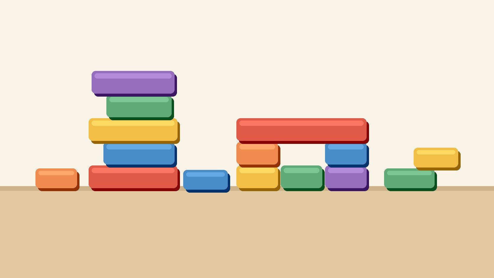 Illustration of plain colored building blocks stacked into a tower and a bridge on a table